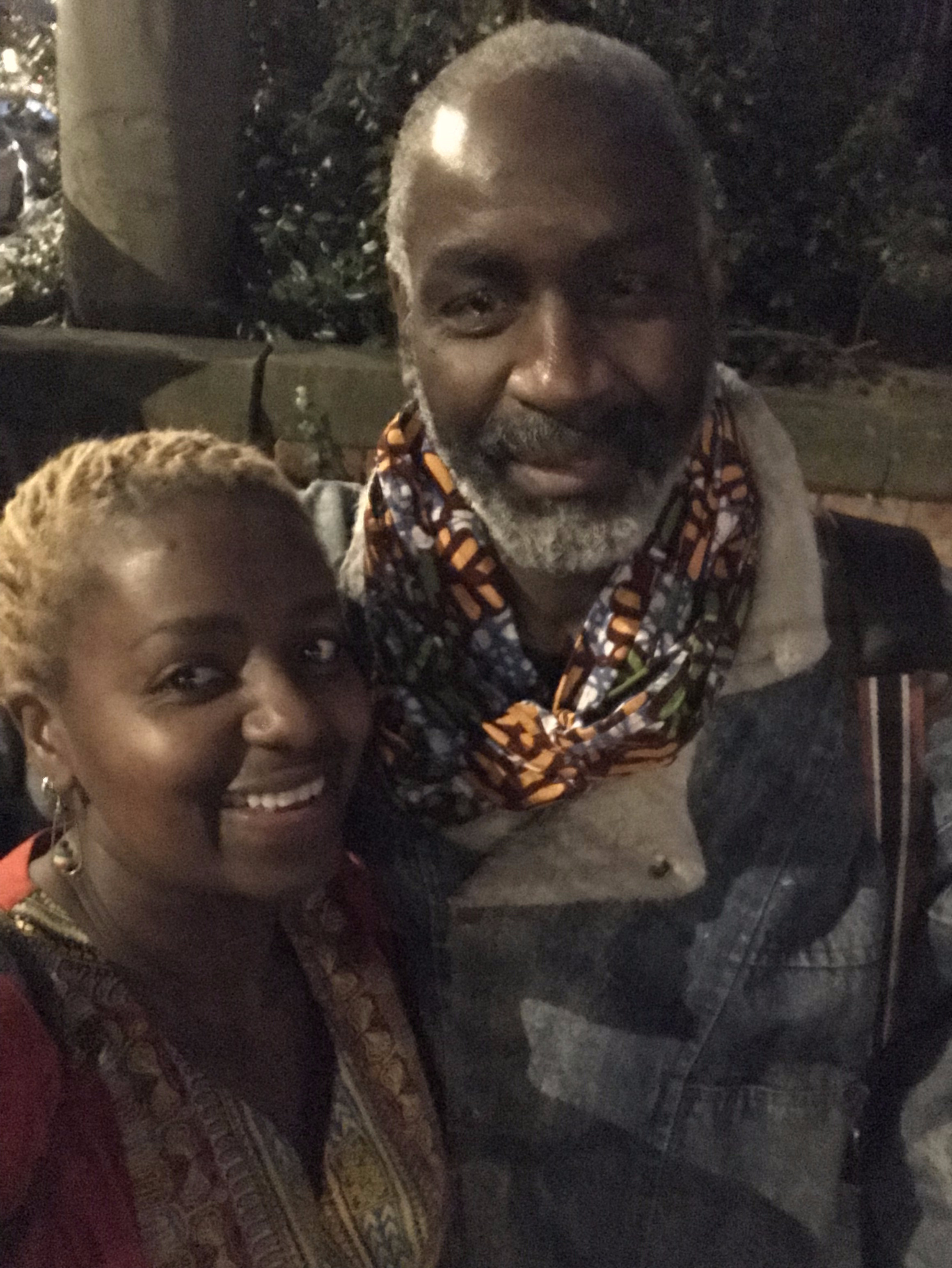 Evening selfie in colourful African-print scarves